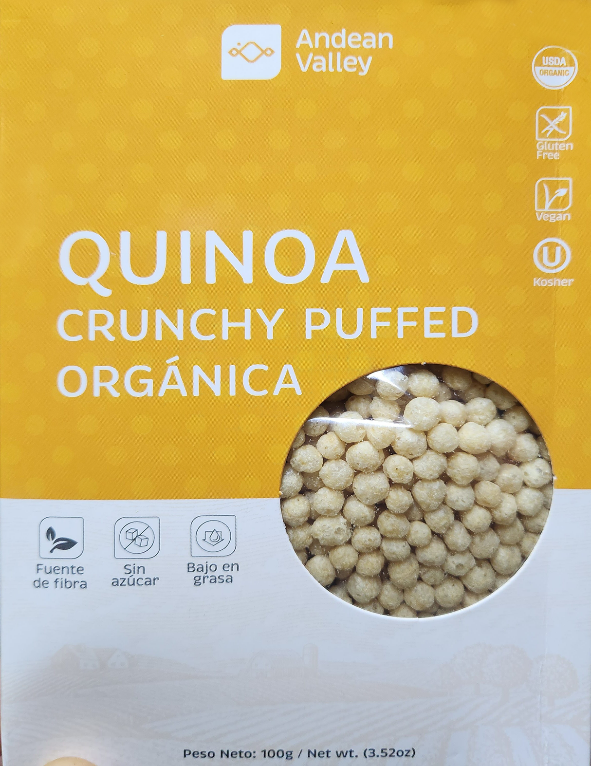 SNACKS QUINOA CRUNCHY PUFFED ANDEAN VALLEY 100g