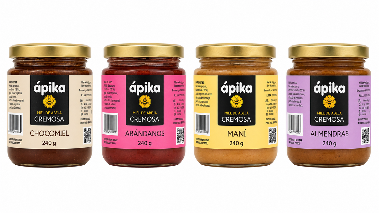 CAJA SACHETS MIELES CREMOSAS ÁPIKA 4 UNIDADES